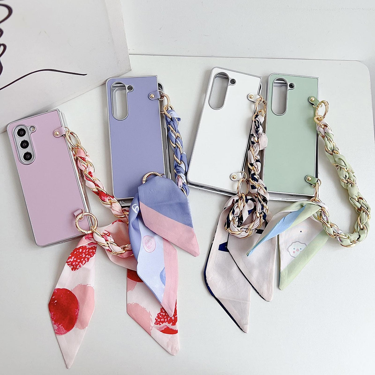 For Samsung Galaxy Z Fold4 5G Leather Phone Case With Metallic Paint And Scarf Bracelet - White