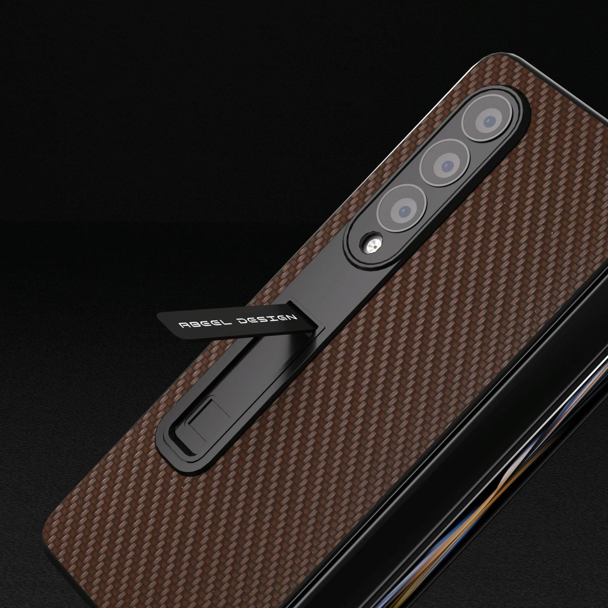 For Samsung Galaxy Z Fold4 5G Carbon Fiber Phone Case With Holder - Dark Brown