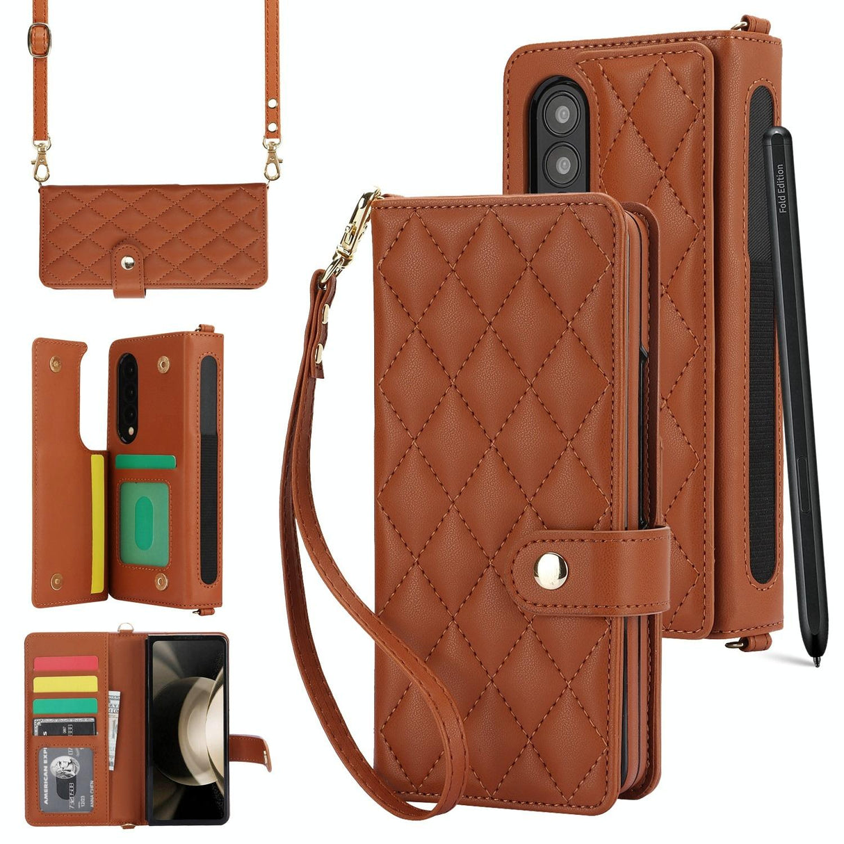 For Samsung Galaxy z Fold4 5G Multifunctional Rhombic Leather Crossbody Phone Case - Black