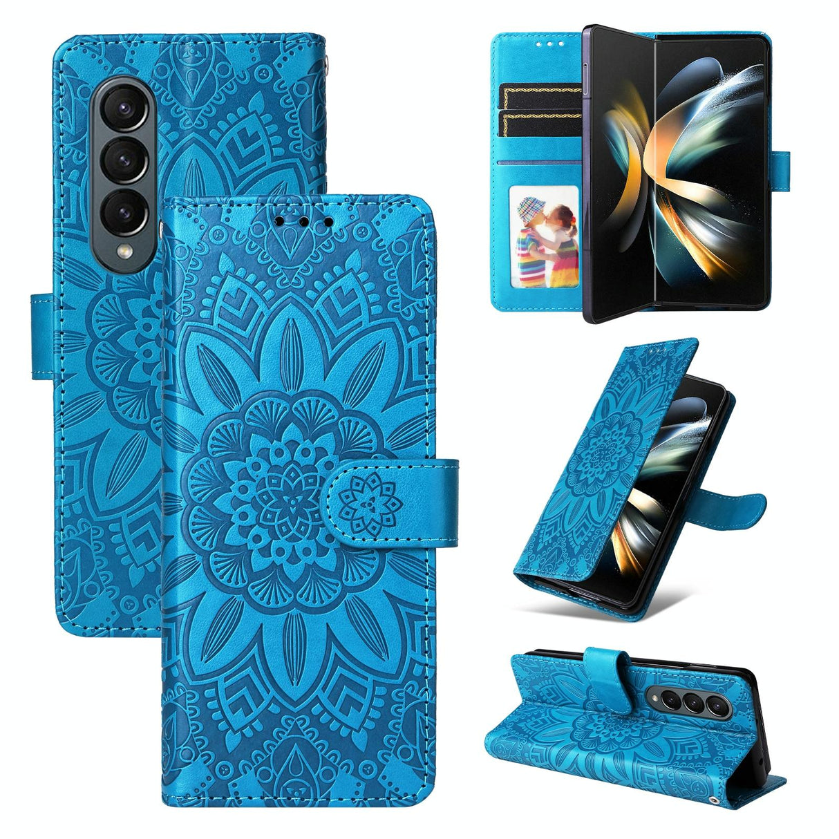 For Samsung Galaxy Z Fold4 5G Sunflower Embossed Leather Phone Case - Blue