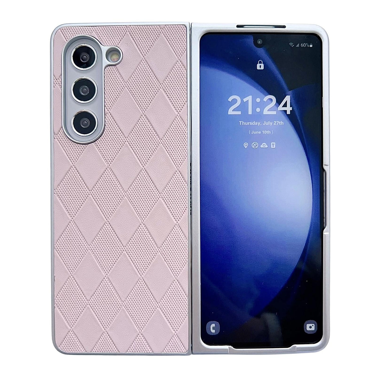 For Samsung Galaxy Z Fold4 5G Checkered Leather Phone Case With Pearlescent Finish - Silver