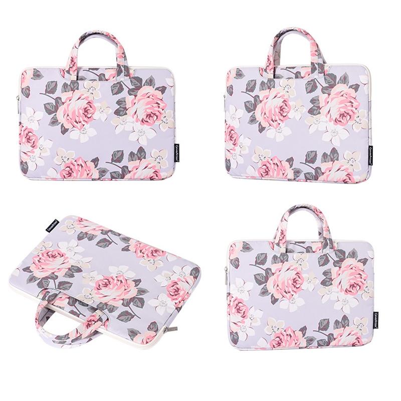 13 Inch Laptop Case Bag with White Rose Pattern and Handle - Black