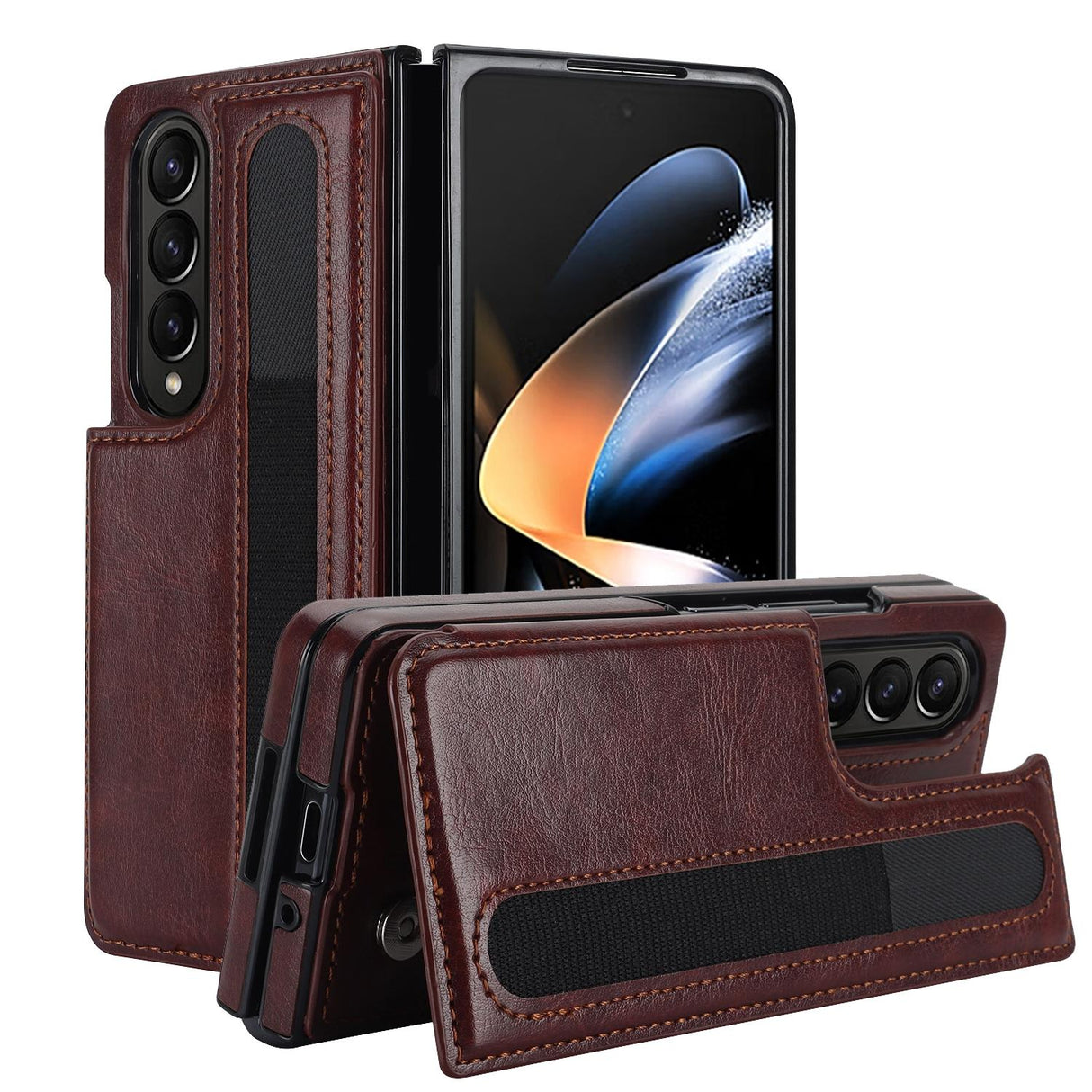 For Samsung Galaxy Z Fold4 5G Double Buckle Phone Case With Pen Slots - Brown