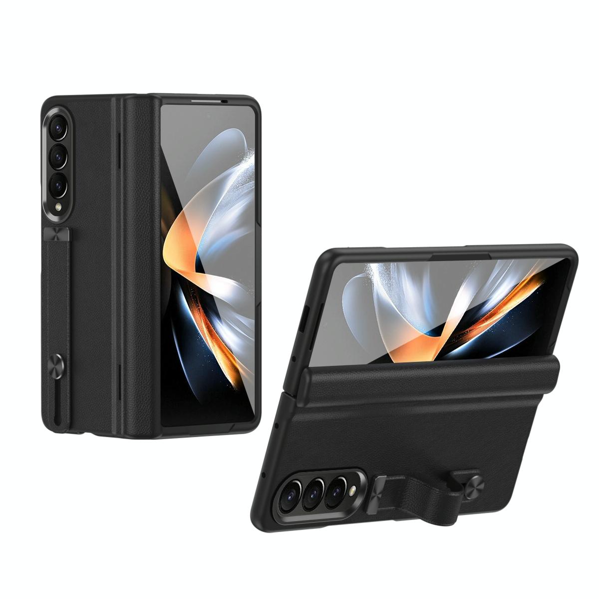 For Samsung Galaxy Z Fold4 5G Leather Wristband Phone Case - Black