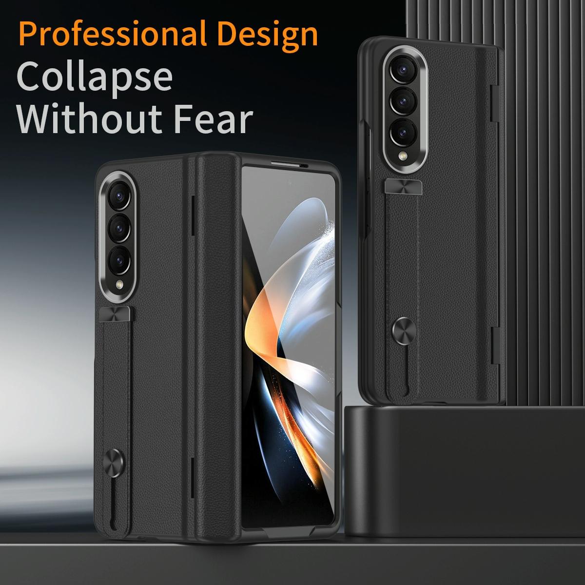 For Samsung Galaxy Z Fold4 5G Leather Wristband Phone Case - Black