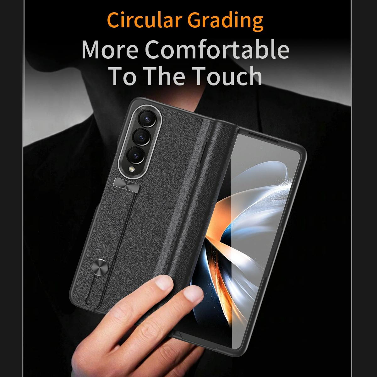 For Samsung Galaxy Z Fold4 5G Leather Wristband Phone Case - Black