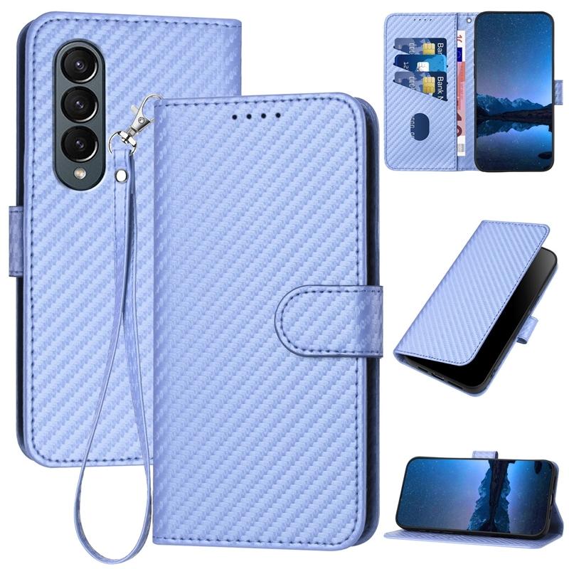 For Samsung Galaxy Z Fold4 5G Carbon Fiber Leather Phone Case With Lanyard - Light Blue