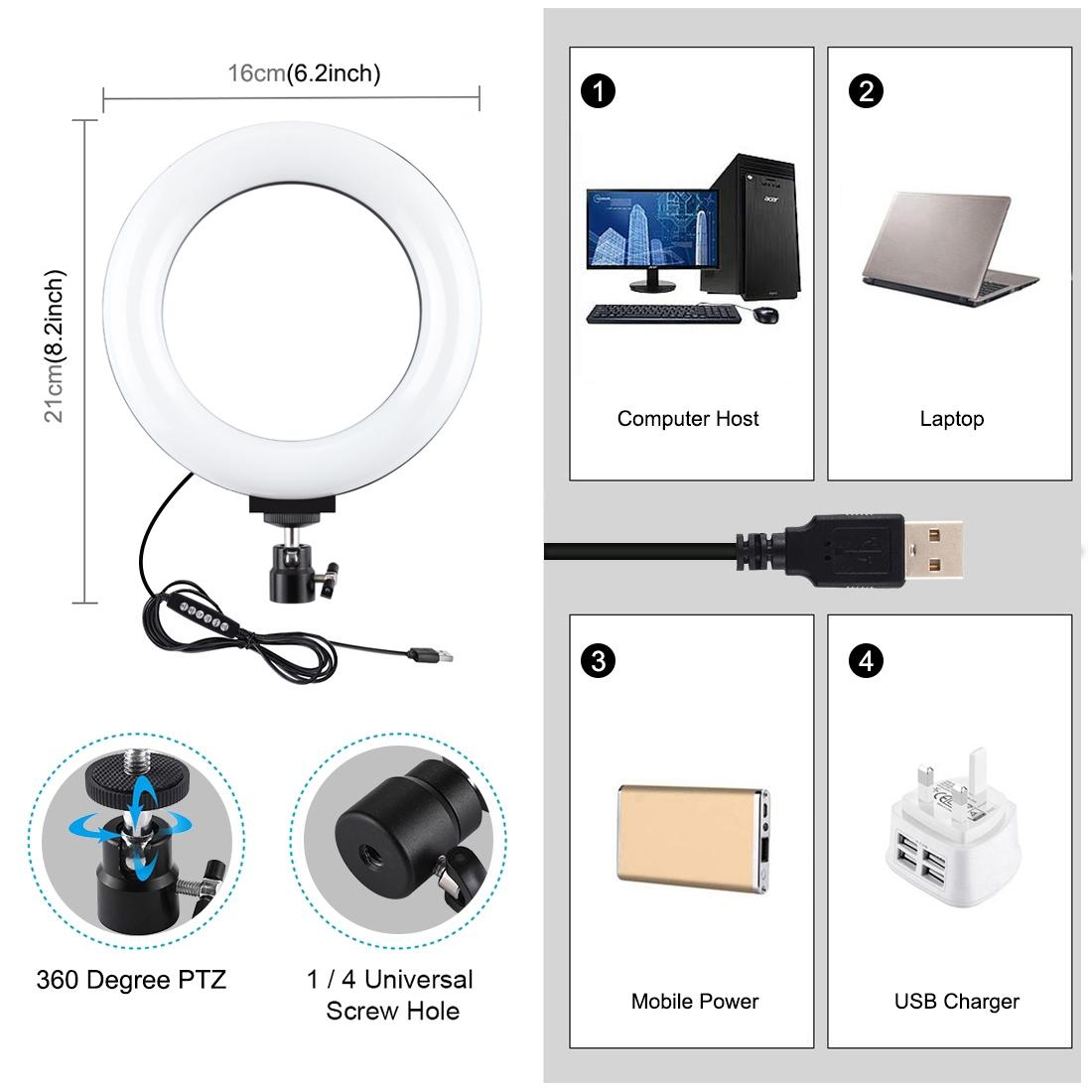 10 Mode Usb Led Ring Light with Tripod and Ball Head - 6.2 Inch Diameter - Black