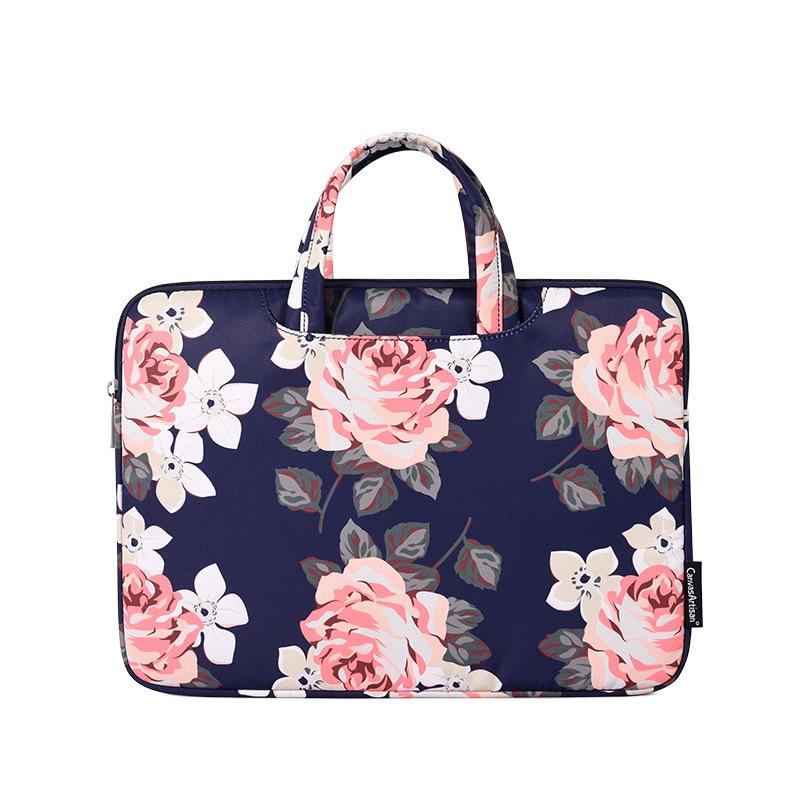 14 Inch Laptop Case Bag with White Rose Pattern and Handle - Black