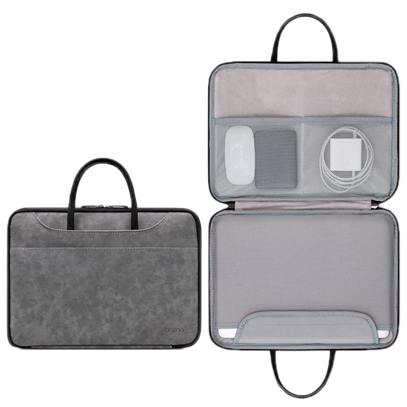 Waterproof Leather Computer Bag - 15 / 15.6 / 16 Inches Fully Open & Portable - Gray Black