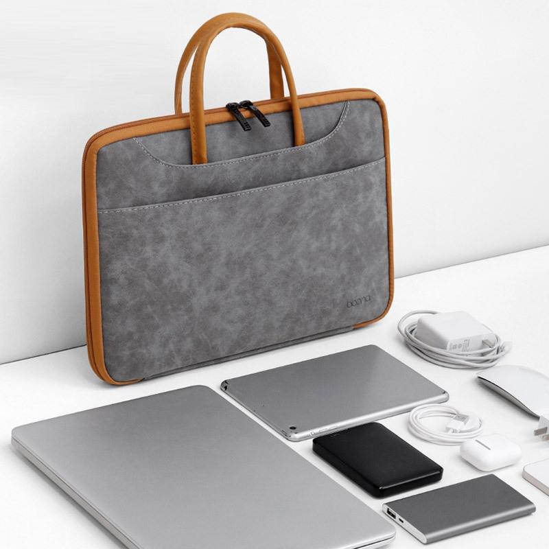 Waterproof Leather Computer Bag - 15 / 15.6 / 16 Inches Fully Open & Portable - Gray Black