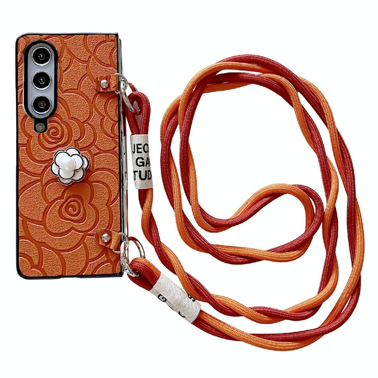 For Samsung Galaxy Z Fold4 5G Camellia Pattern Phone Case With Lanyard - Brown
