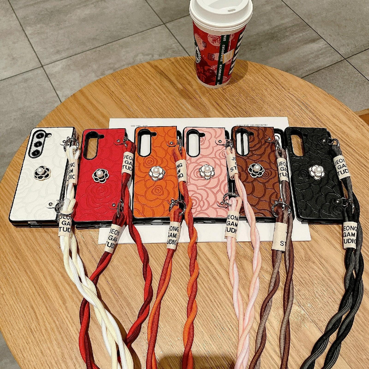 For Samsung Galaxy Z Fold4 5G Camellia Pattern Phone Case With Lanyard - Brown