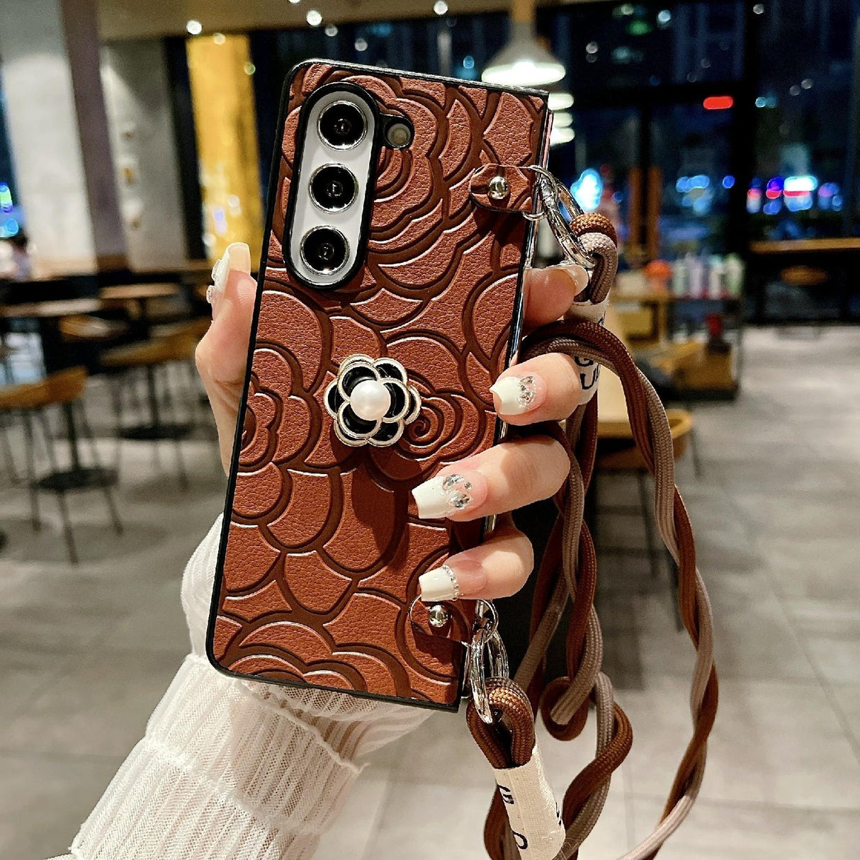 For Samsung Galaxy Z Fold4 5G Camellia Pattern Phone Case With Lanyard - Brown