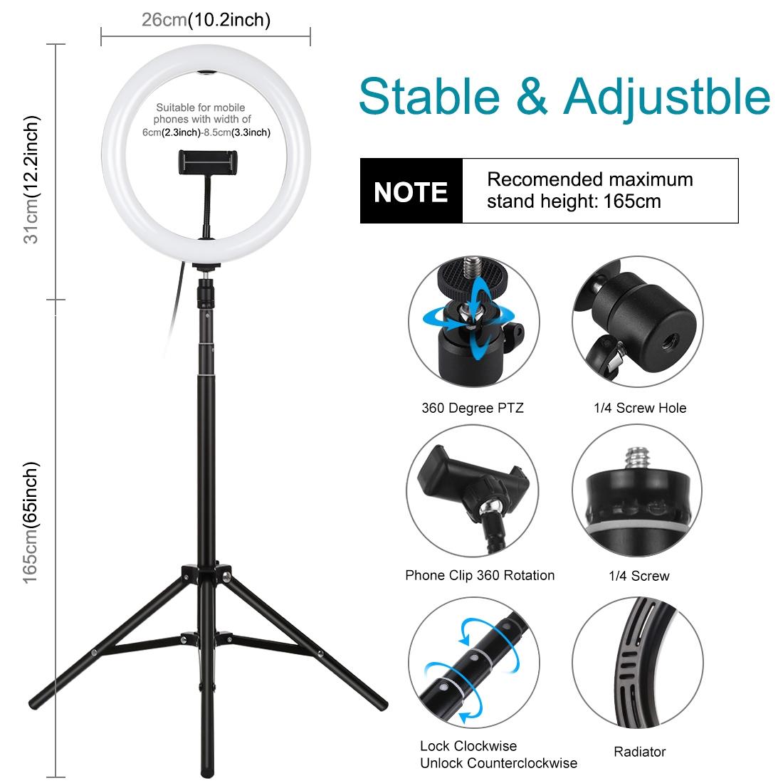10.2 26cm Ring Light Kit with Tripod Usb 3 Modes Dual Colour Phone Clamp Remote - Black