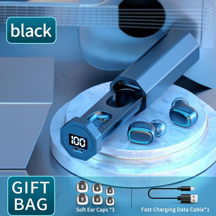 True Wireless Bluetooth Earphones with Digital Display and Charging Box - Black