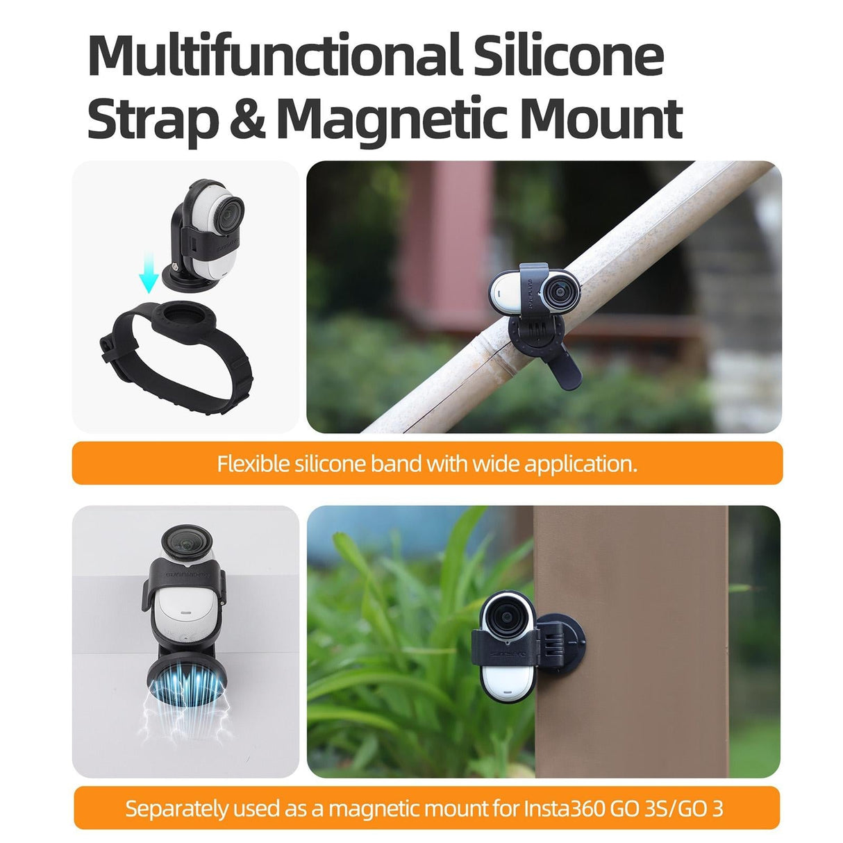 Insta360 Go 3s / Go 3 Sunnylife Camera Strap with Magnetic Mount and Silicone Wristband for Drone and Backpack - Black Stripe