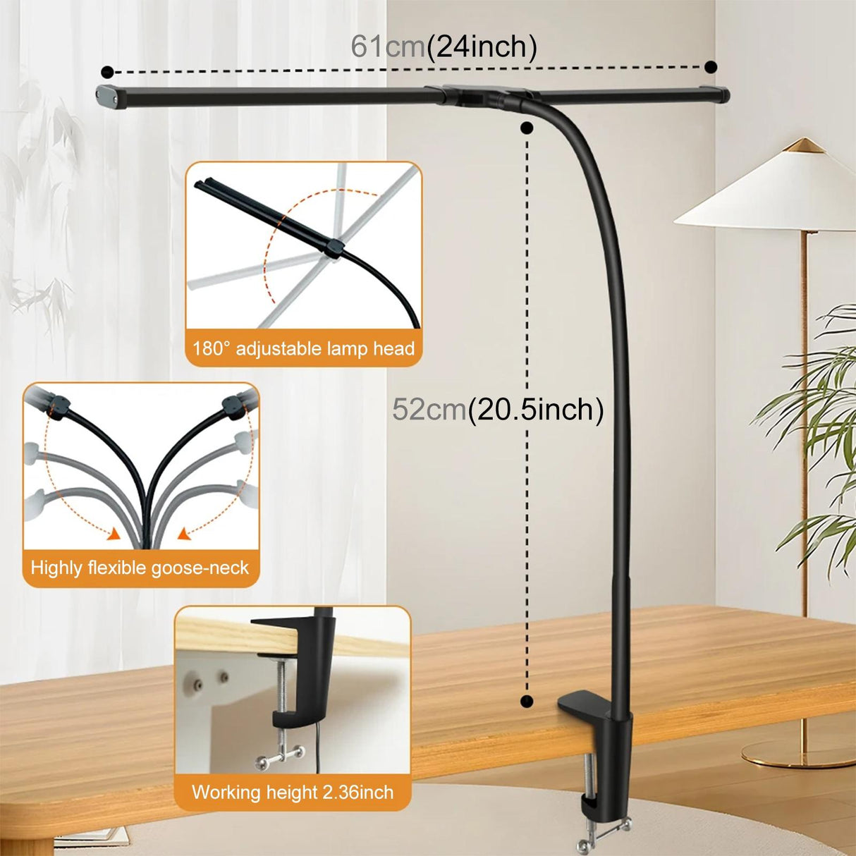 Double Head Clip Desk Lamp with Gooseneck Tube Led in Black