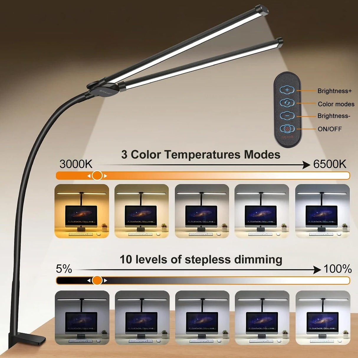 Double Head Clip Desk Lamp with Gooseneck Tube Led in Black