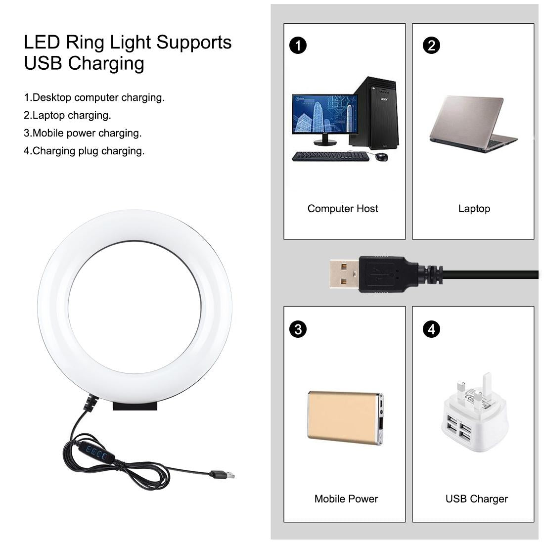 6.2 Led Ring Light with Usb 3 Modes Dimmable Vlogging Photography Video Pocket Tripod Mount Cold Shoe Ball Head Black