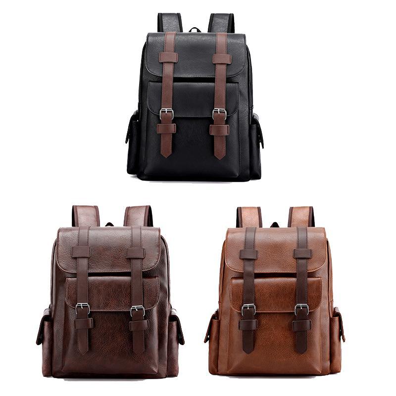Large Capacity Pu Leather Laptop Backpack For Travel & School - Dark Brown