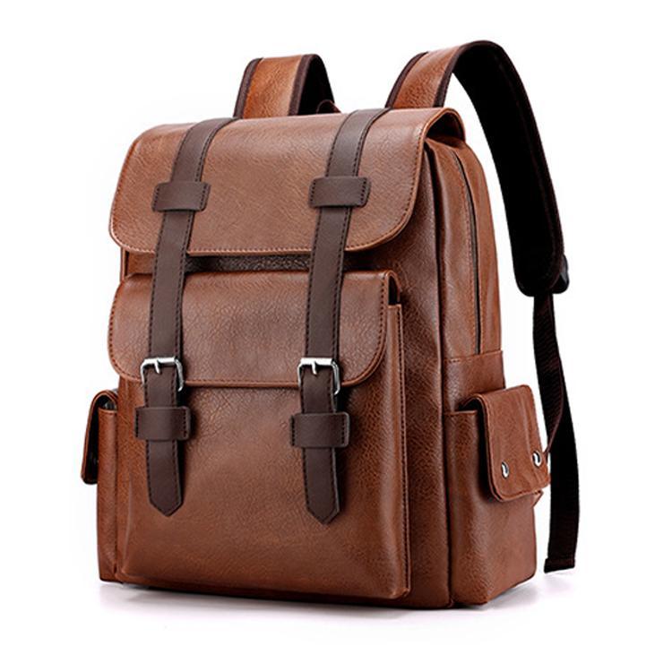Large Capacity Pu Leather Laptop Backpack For Travel & School - Dark Brown