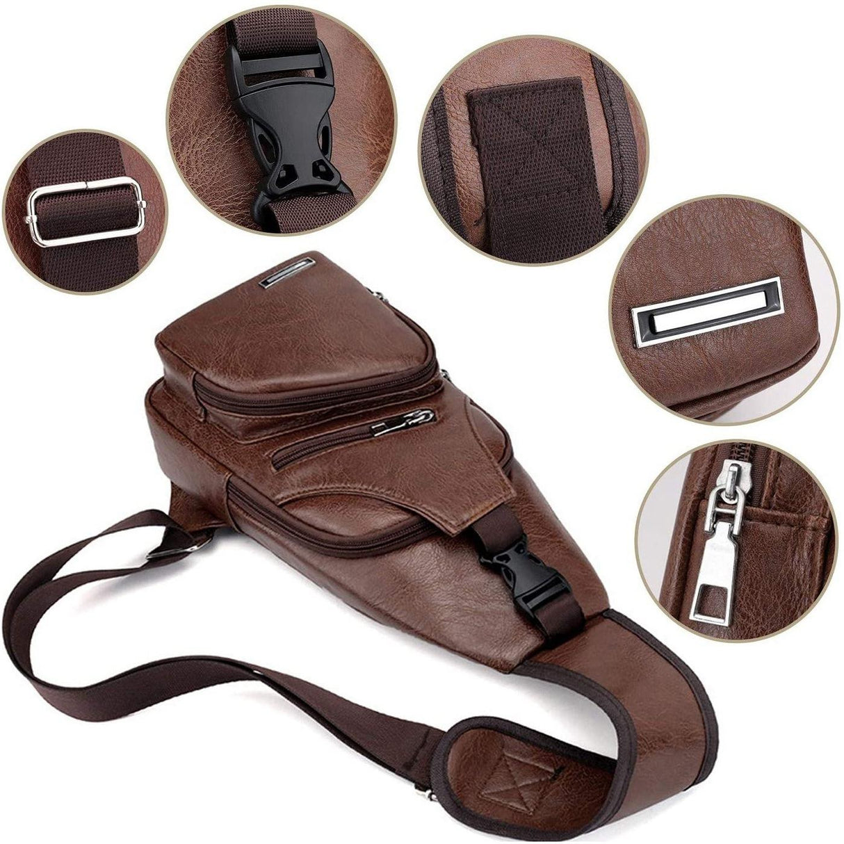 Waterproof Pu Leather Men Chest Bag Usb Port Headphone Hole - Dark Brown