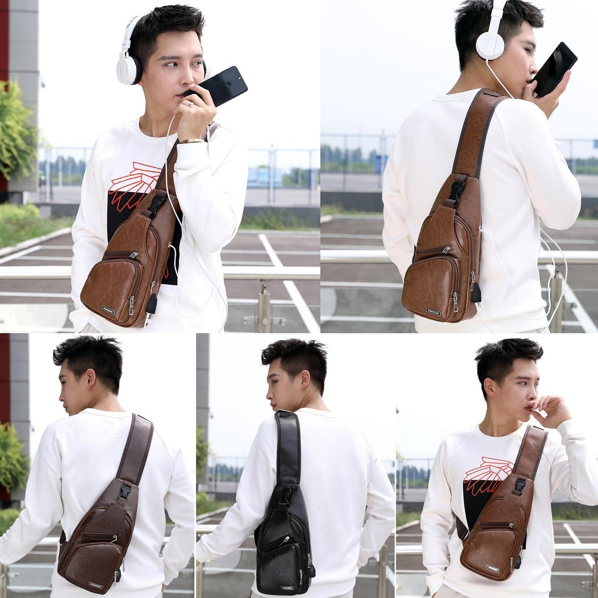Waterproof Pu Leather Men Chest Bag Usb Port Headphone Hole - Dark Brown
