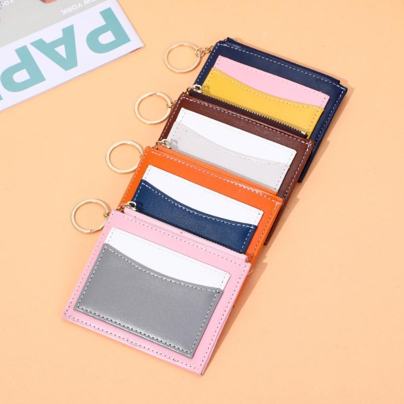 Portable Simple Card Holder Coin Purse With Keychain Unisex Pu Wallet - Pink
