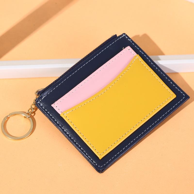 Portable Simple Card Holder Coin Purse With Keychain Unisex Pu Wallet - Pink