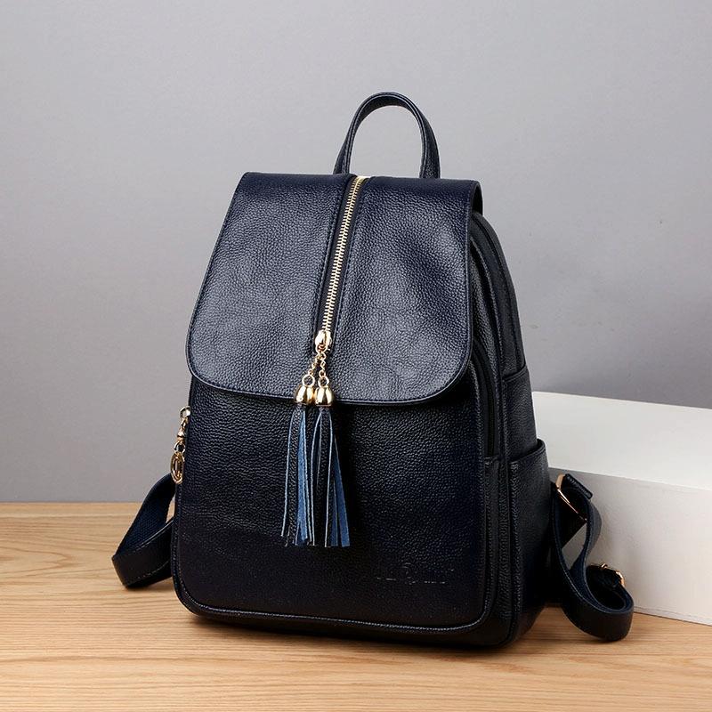 Leather Travel Backpack - Anti-theft Compact - Black