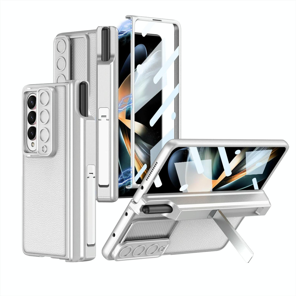 For Samsung Galaxy Z Fold4 5G Magnetic Leather Flip Case With Holder - Silver