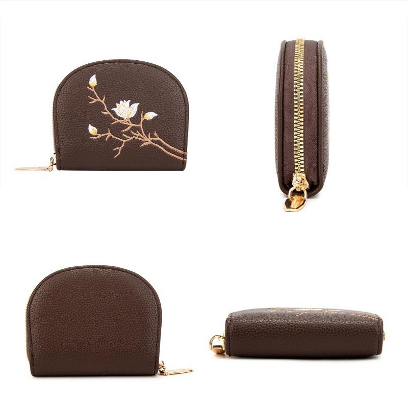 Large Capacity Semicircular Embroidery Id Card Holder - Coffee