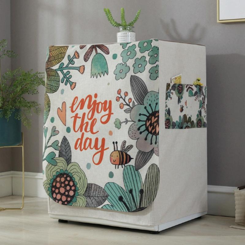 Cartoon Cotton Linen Drum Roller Washing Machine Dust Cover - 83x60x60cm Size - Bee