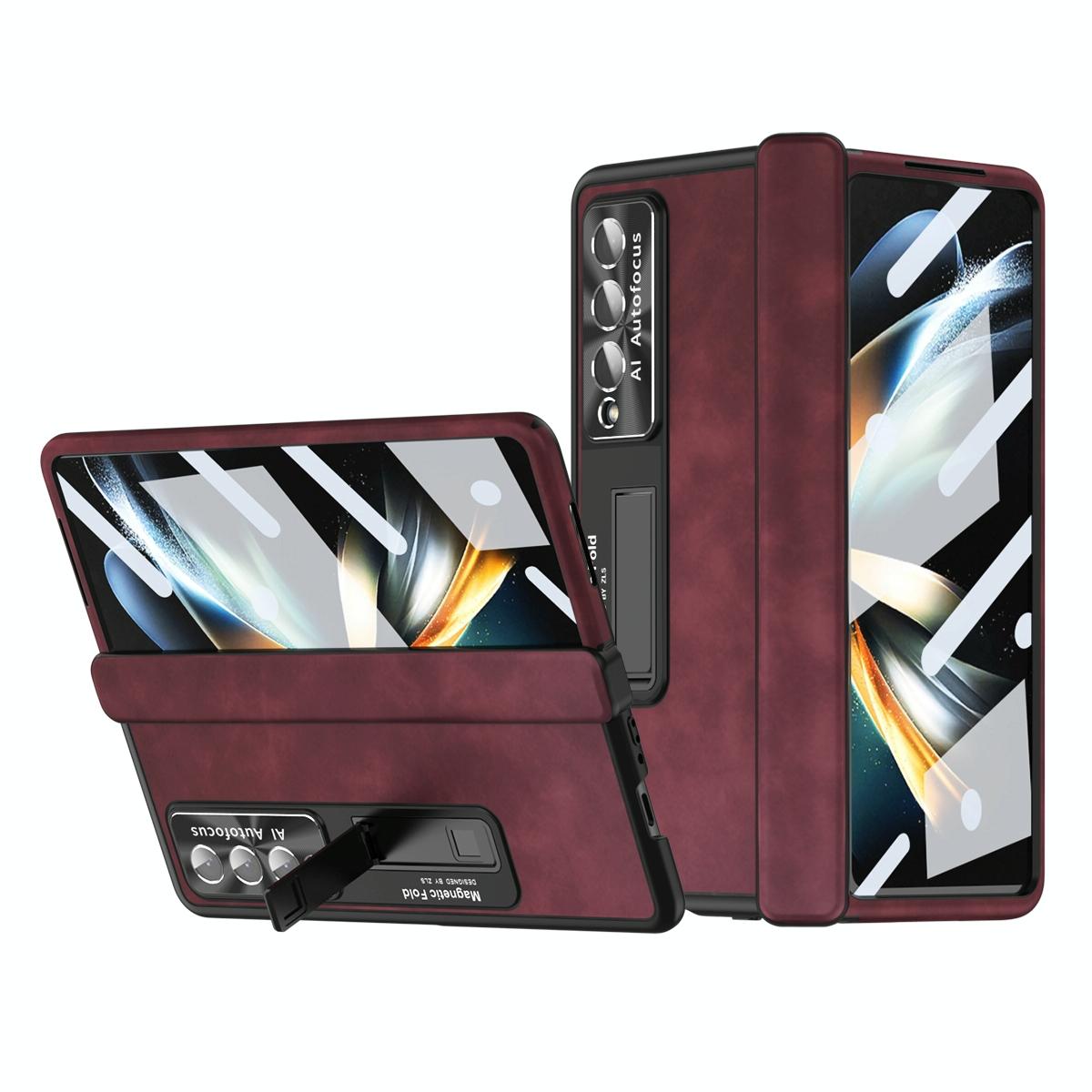 For Samsung Galaxy Z Fold4 5G Magnetic Phone Case - Napa Pattern - Wine Red