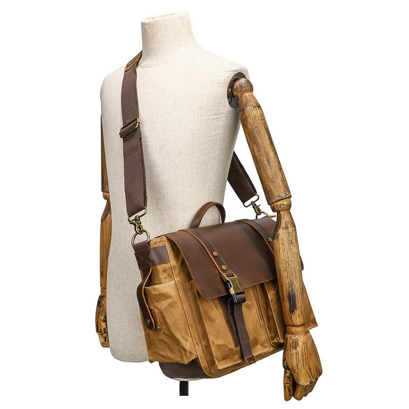 Leather Waxed Canvas Crossbody Bag For Outdoors - S11 Khaki