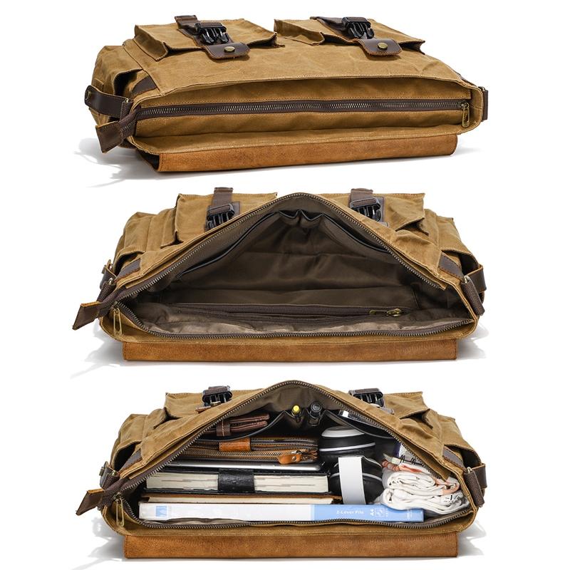 Leather Waxed Canvas Crossbody Bag For Outdoors - S11 Khaki