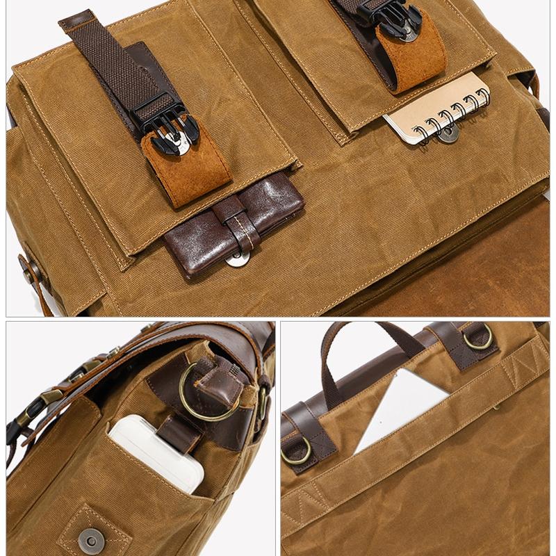 Leather Waxed Canvas Crossbody Bag For Outdoors - S11 Khaki