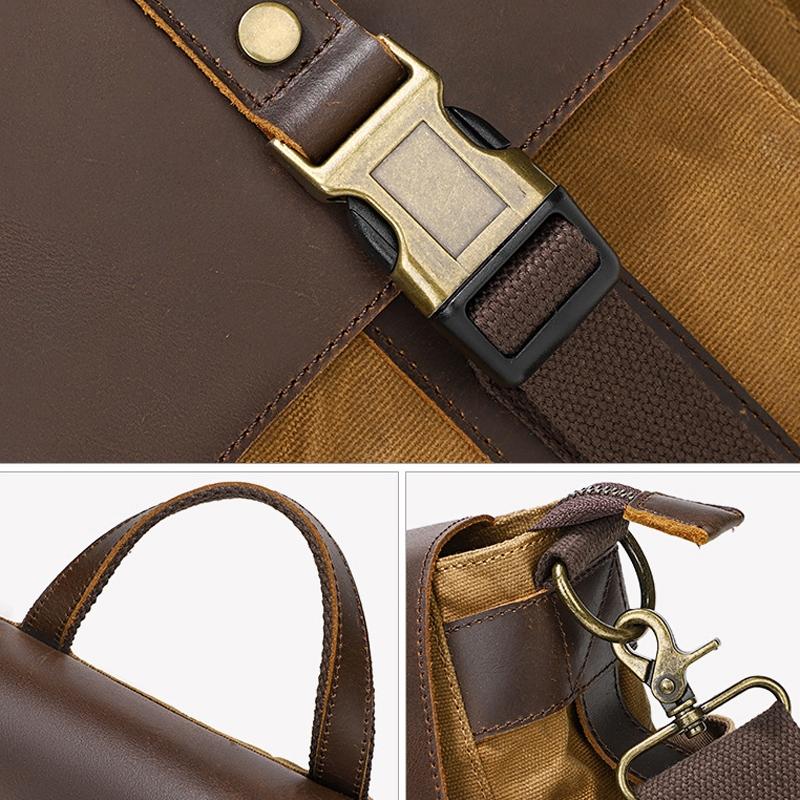 Leather Waxed Canvas Crossbody Bag For Outdoors - S11 Khaki
