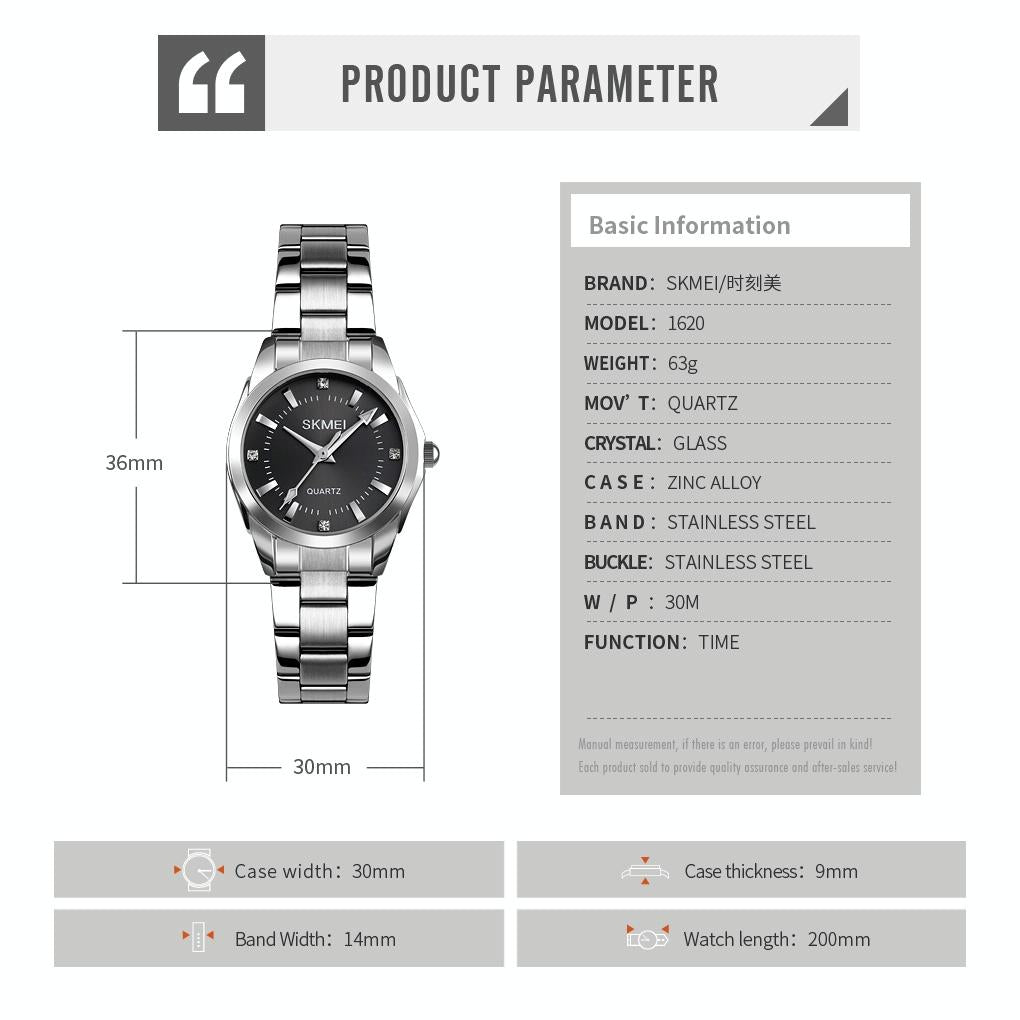 Waterproof Quartz Women Watch with Rhinestone Steel Strap - Delicate and Creative - Black