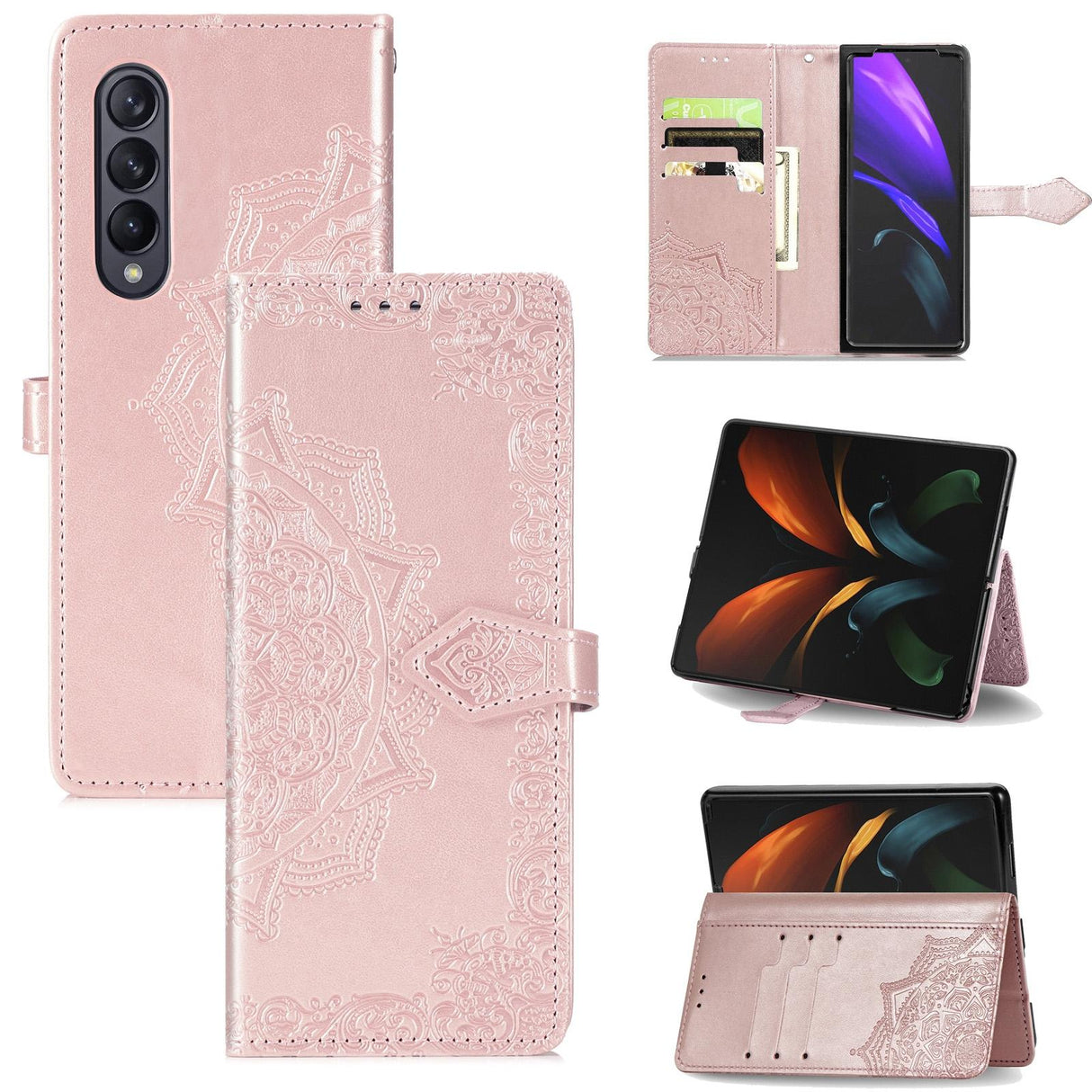 For Samsung Galaxy Z Fold4 5G Embossed Mandala Leather Phone Case - Rose Gold