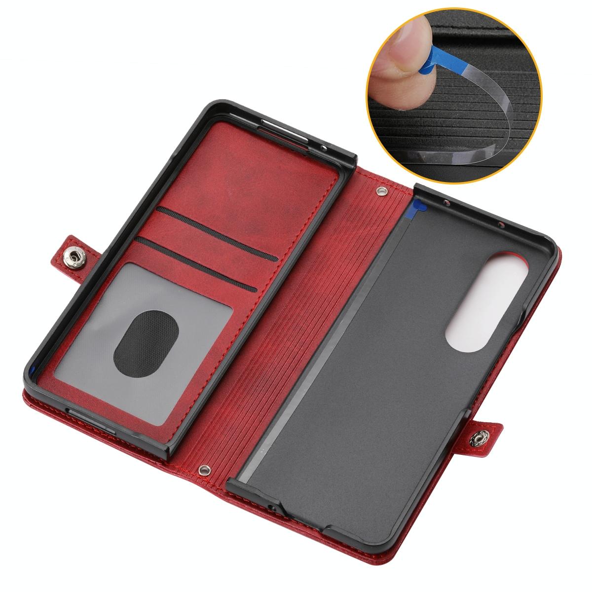 For Samsung Galaxy Z Fold4 5G Leather Grid Texture Phone Case With Lanyard - Brown