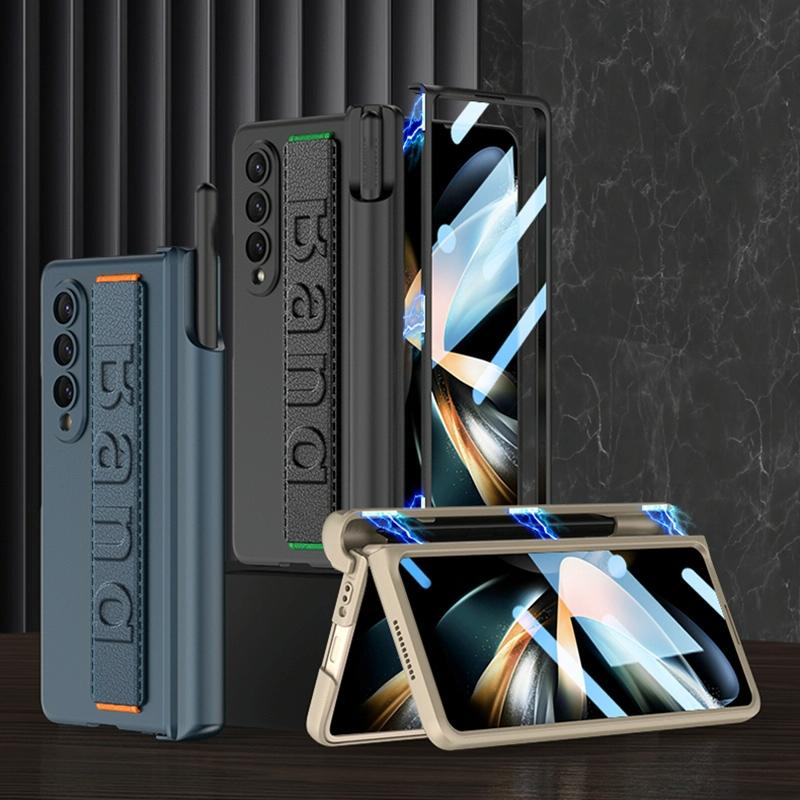 For Samsung Galaxy Z Fold4 5G Foldable Phone Case With Magnetic Hinge And Wrist Strap - Portable And Secure - Black