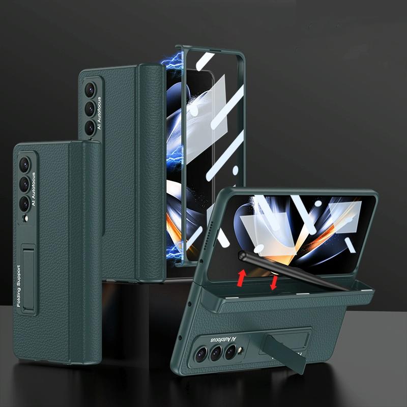 For Samsung Galaxy Z Fold4 5G Leather Phone Case With Foldable Hinge And Holder - Green