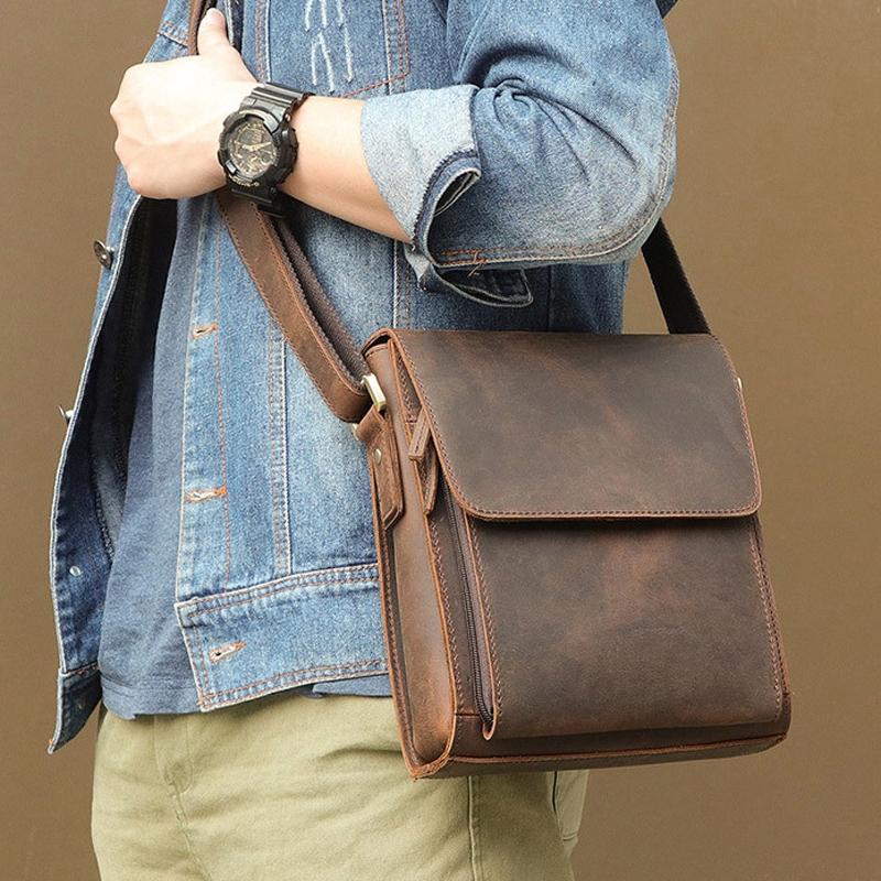 Rustic Leather Men Shoulder Bag - Dark Brown