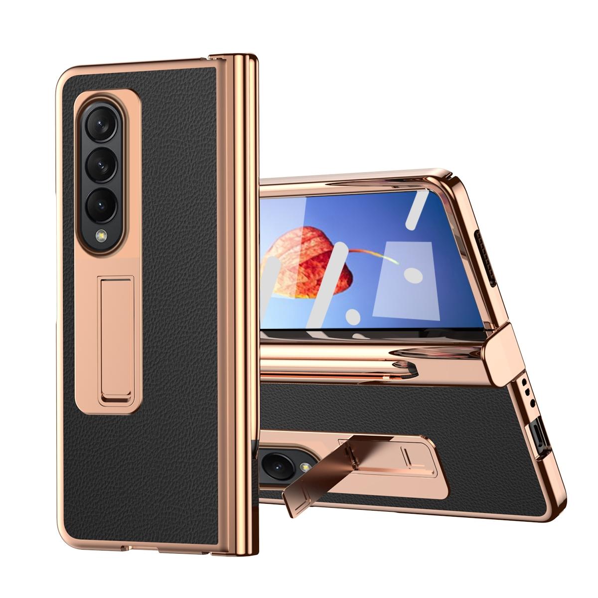 For Samsung Galaxy Z Fold4 5G Premium Litchi Leather Hinged Phone Case - With Pen - Gold