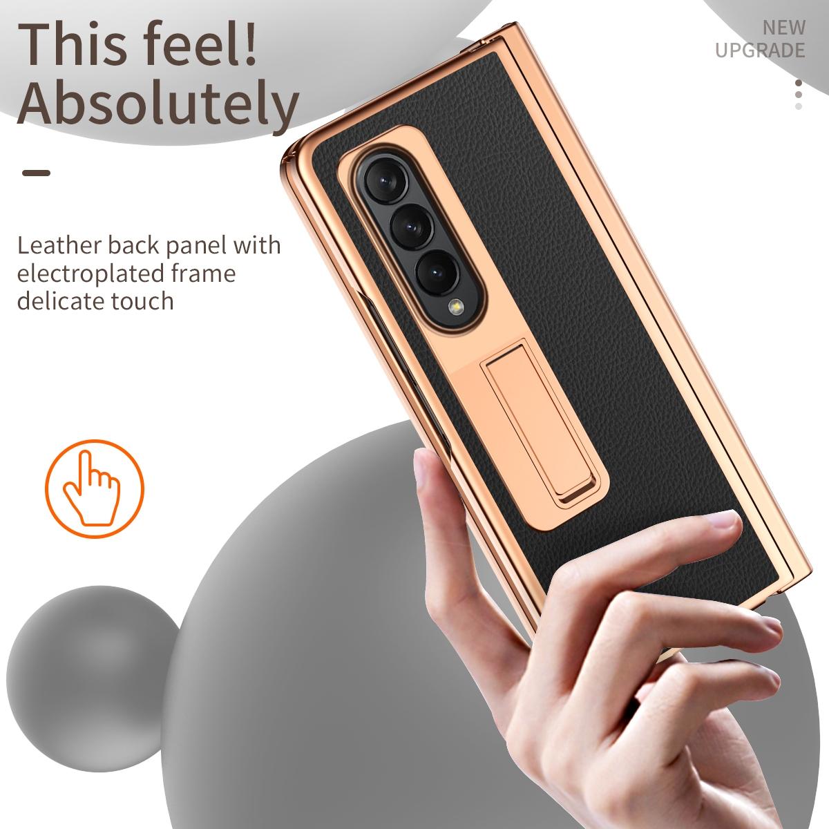 For Samsung Galaxy Z Fold4 5G Premium Litchi Leather Hinged Phone Case - With Pen - Gold