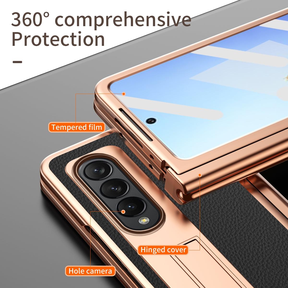 For Samsung Galaxy Z Fold4 5G Premium Litchi Leather Hinged Phone Case - With Pen - Gold