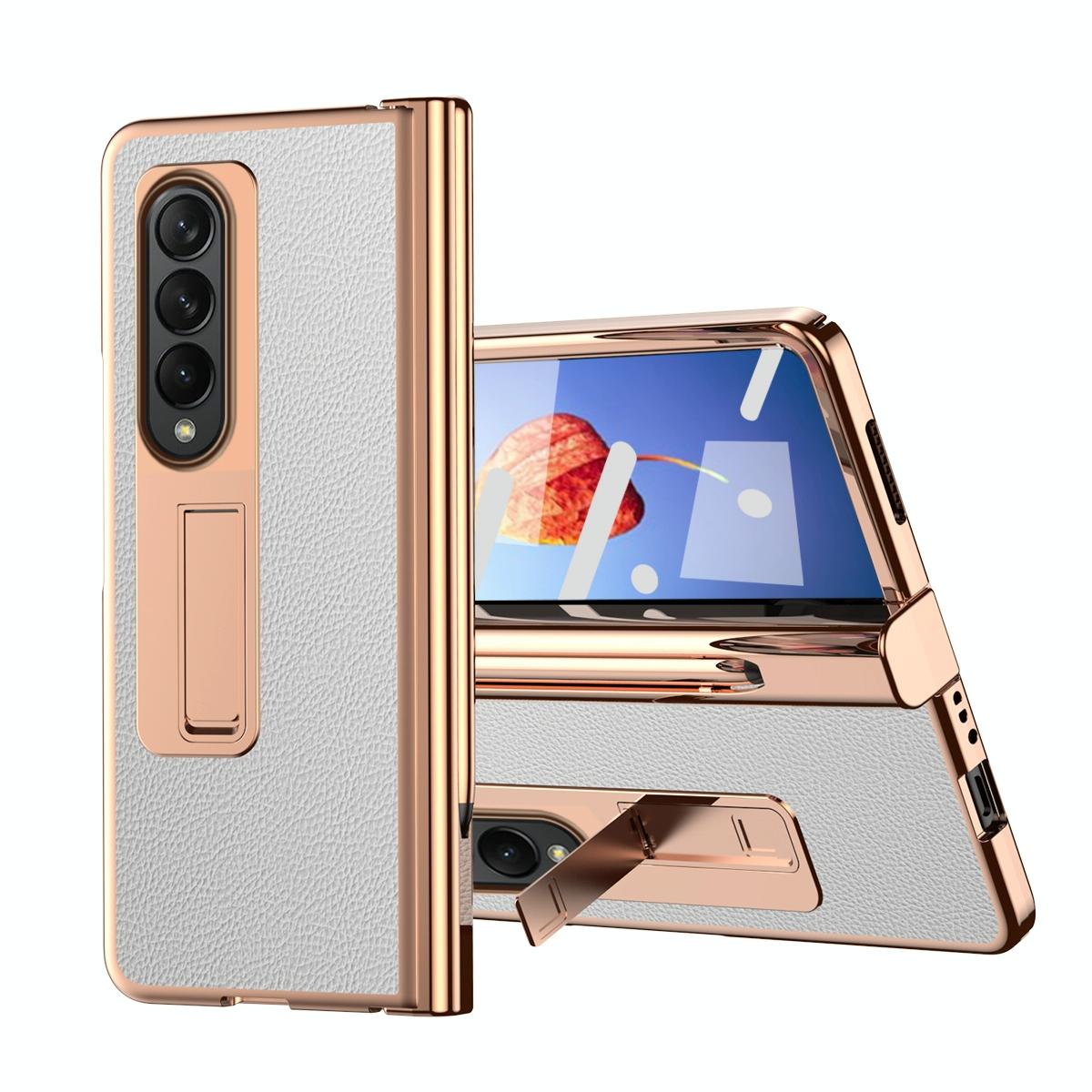 For Samsung Galaxy Z Fold4 5G Premium Litchi Leather Hinged Phone Case - With Pen - Gold