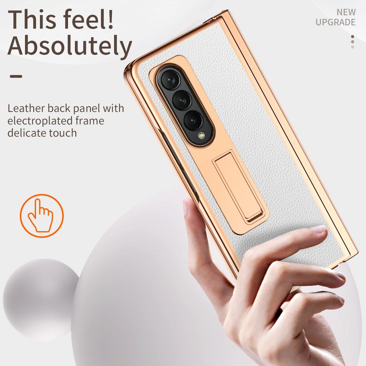 For Samsung Galaxy Z Fold4 5G Premium Litchi Leather Hinged Phone Case - With Pen - Gold